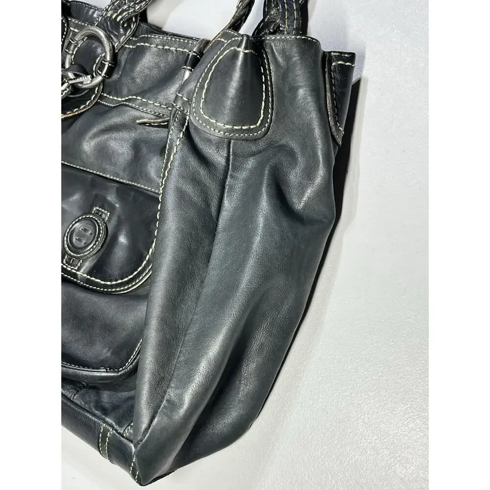 Fossil Leather Handbag Shoulder Tote Bag Black Large Braided Straps Key Charm - Picture 7 of 16